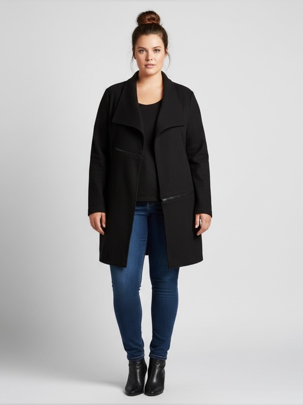 Anne Klein | Like new black textured oversized collar long open coat size 1X